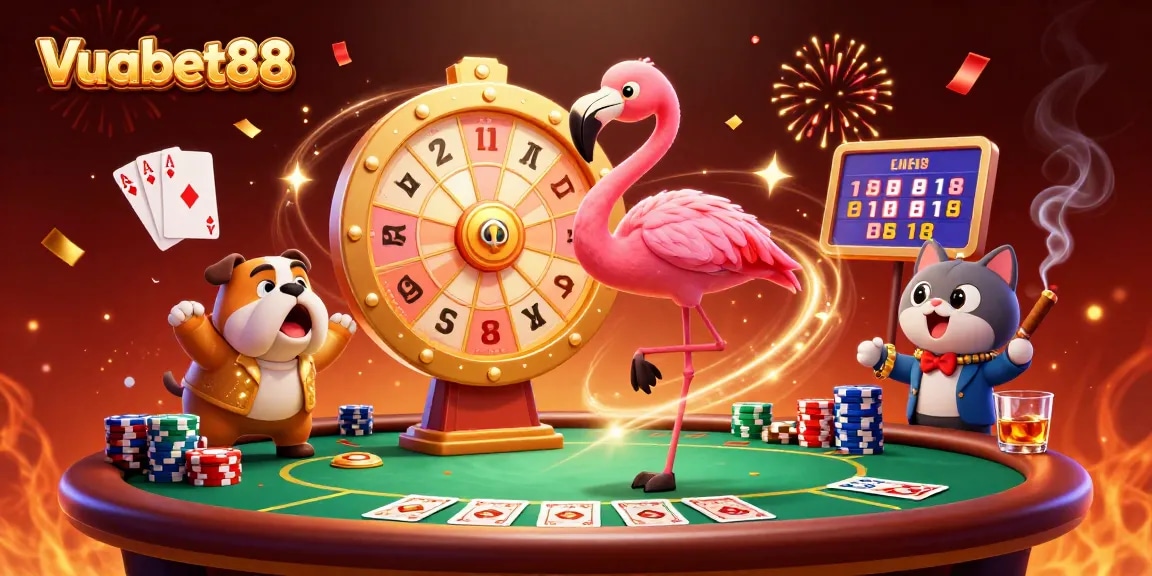 Experience excitement at Vuabet88 as a cartoon bulldog celebrates wins at a lively prize wheel.
