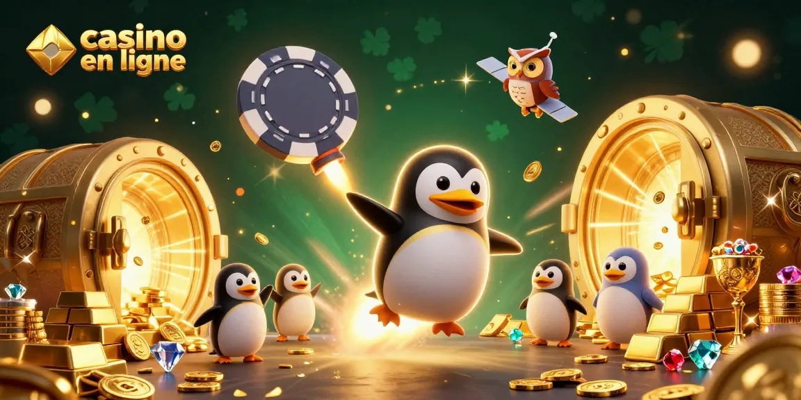 Jouer au casino en ligne avec un pingouin doré et des trésors scintillants dans l'espace