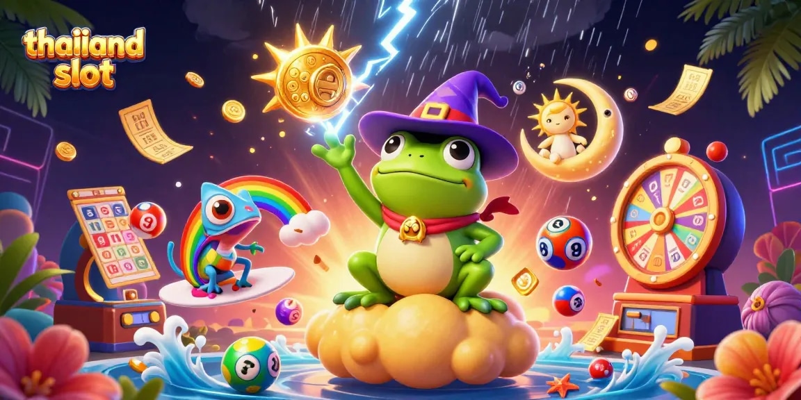 Win big with thailand slot as a wizard frog conjures coins; vibrant casino scene