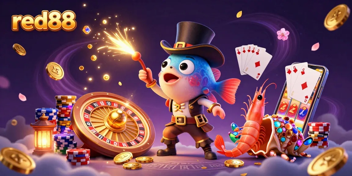 Engage with thrilling red88 gaming action featuring anglerfish, pirate shrimp, and gem snail in vibrant casino scene.