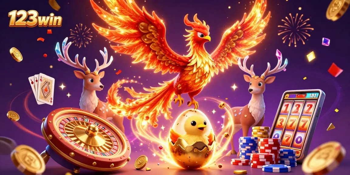 Experience thrilling gaming with 123win illustrated by a fire phoenix and dynamic casino elements.