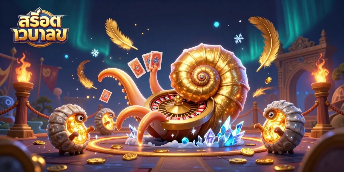 Play สล็อตเว็บตรง with exciting visuals of a giant nautilus as a roulette wheel, cards in tentacles, and coins flying.