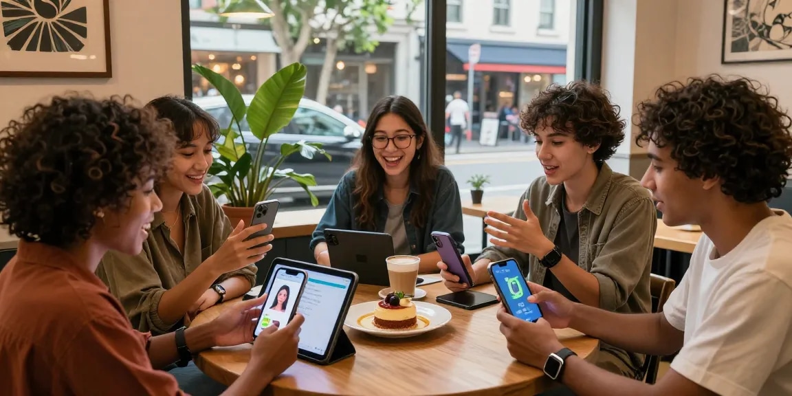 Friends enjoying the smash or pass ai game on smartphones in a cozy café setting.