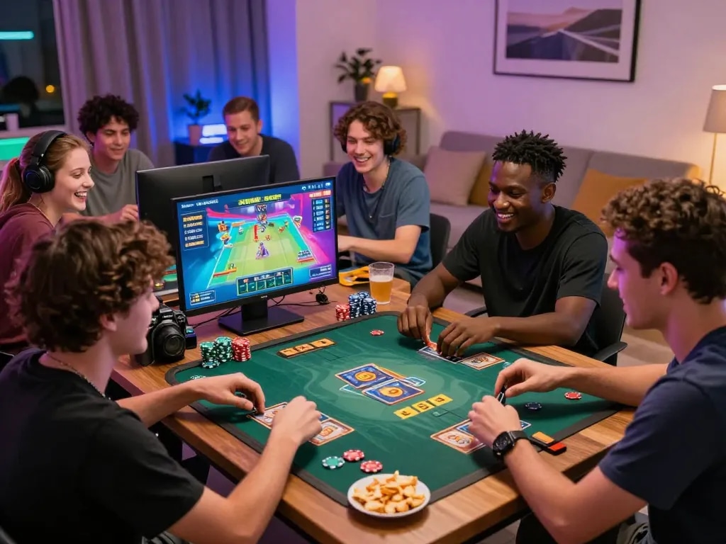 CSKH 24/7 hubet88 interactive gaming scene with players enjoying a card game, showcasing a lively atmosphere.