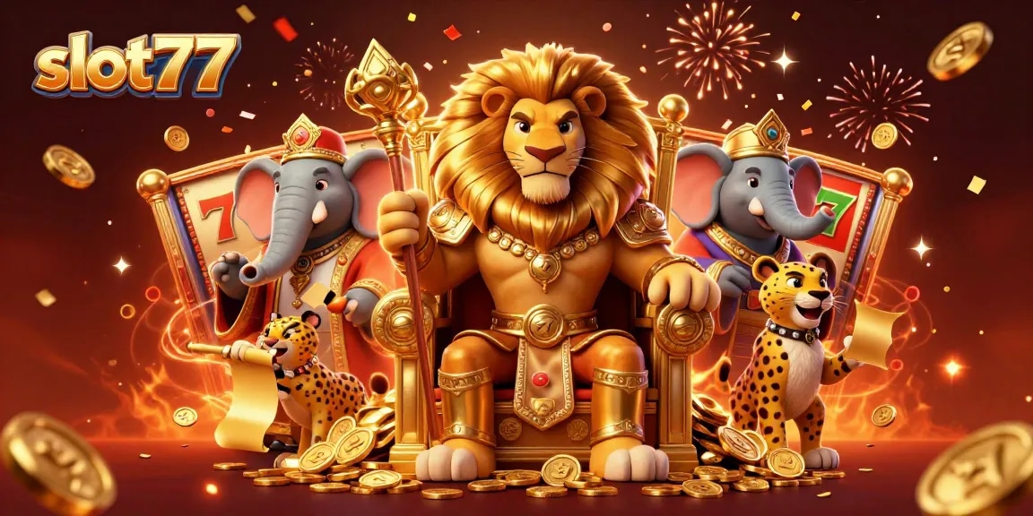 Play your luck with slot77 in a rich casino-themed 3D digital illustration.