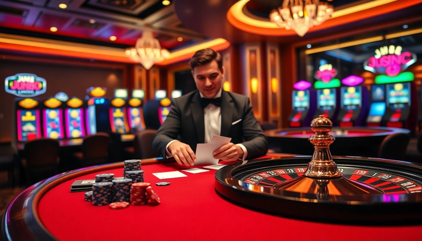 Experience thrilling gameplay at Jun88 with vibrant casino tables and slot machines.