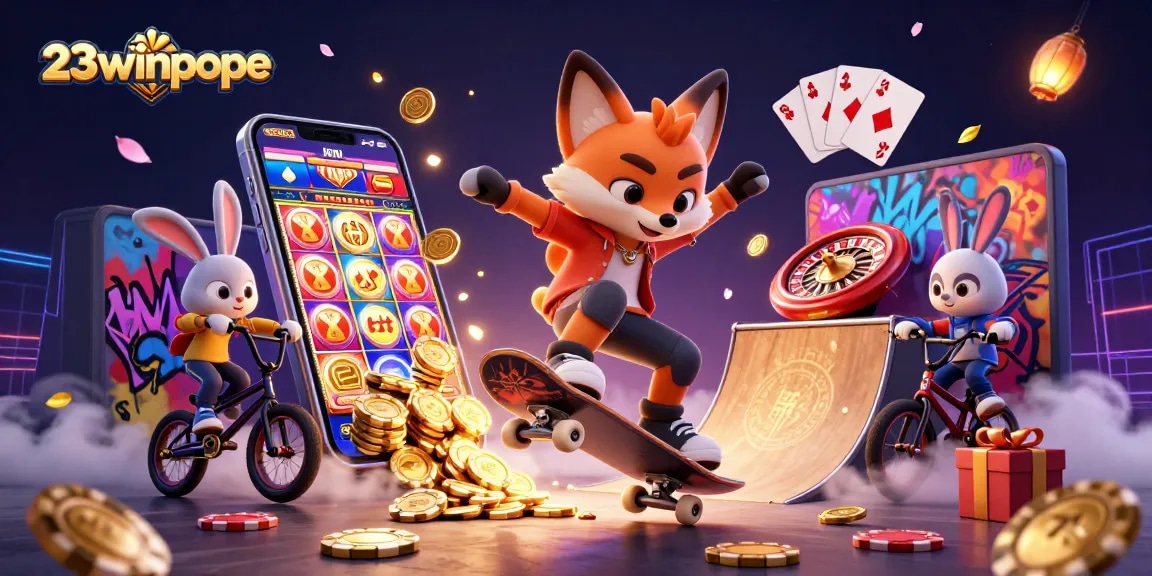 Join the fun at 23winpope with a vibrant casino-themed dynamic illustration showcasing gaming excitement.