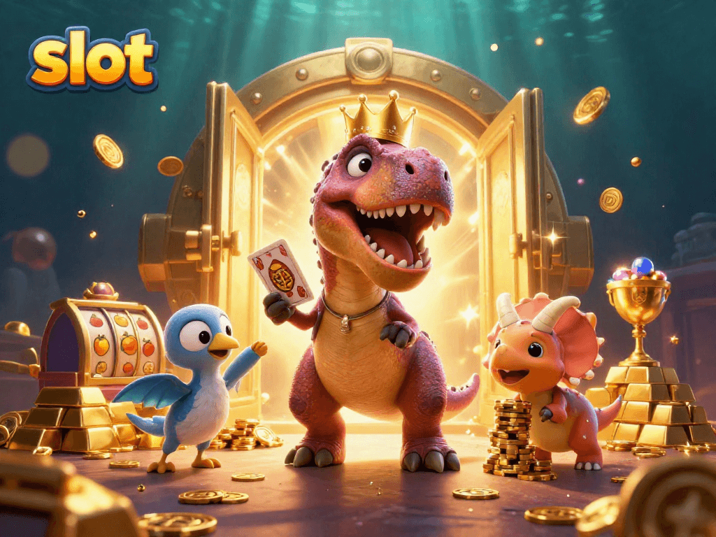 Spin the slot with excitement as a T-Rex and friends gather around in a treasure scene