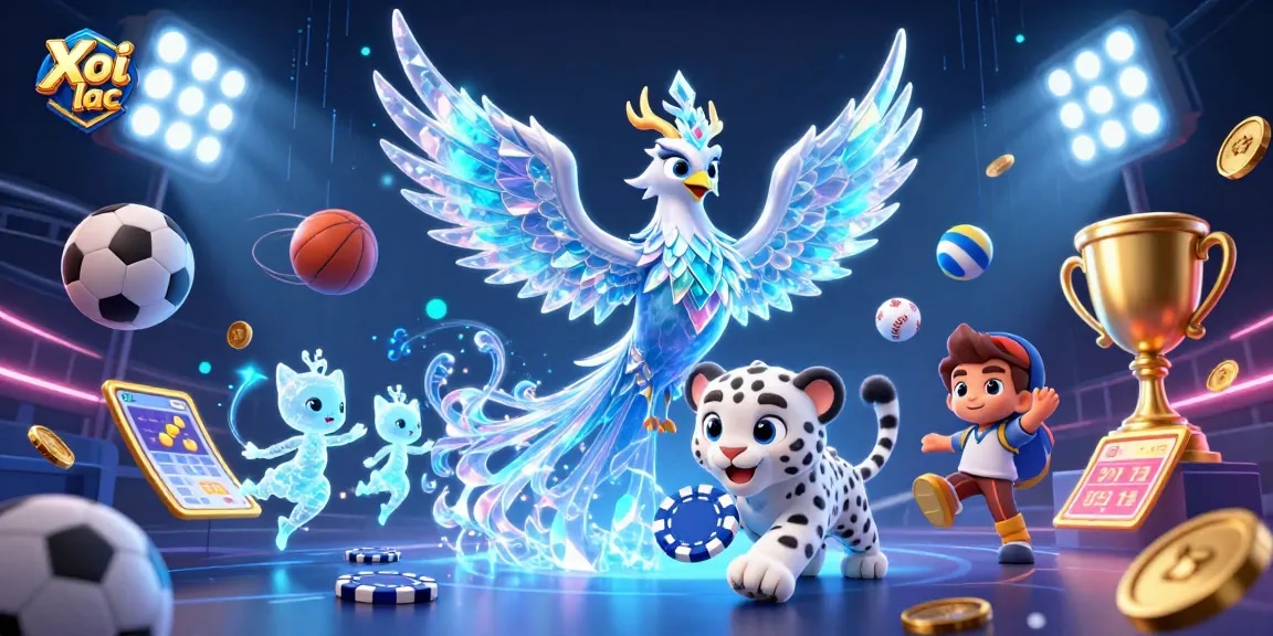 Xoi lac presents a captivating scene with a phoenix, snow leopard cub, and dynamic sports elements in a casino-themed illustration.
