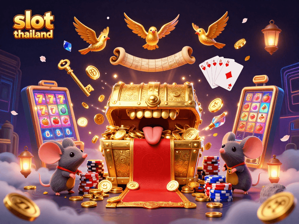 Spin and win big with slot thailand in this vibrant casino illustration filled with treasure.