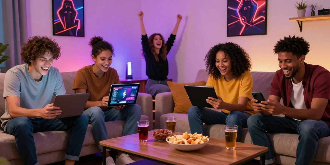 Excited group playing free porn games on multiple devices in a cozy living room.
