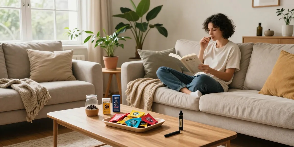 Natural wellness moment featuring proper loud THC edibles and vape pen in a serene living room setup.