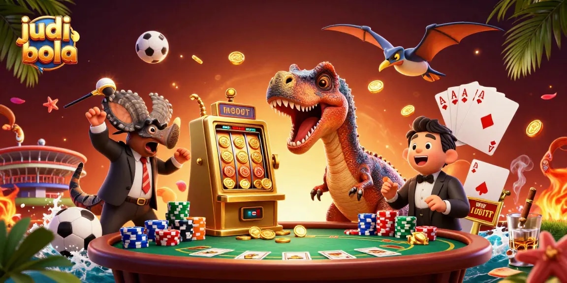 Catch exciting judi bola action as a pachycephalosaurus wins coins near a slot amidst a bustling casino scene.