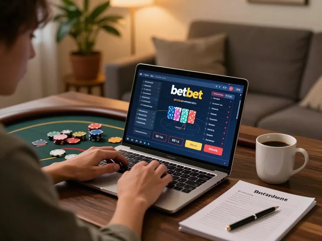 User engaged in online poker game on betbet, highlighting a cozy home gambling atmosphere.