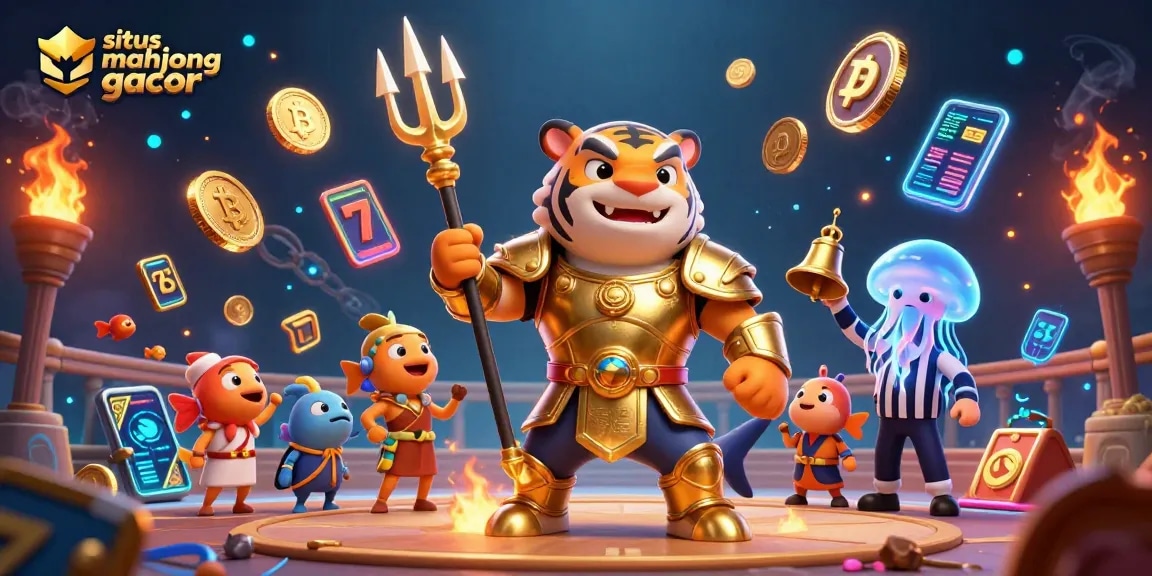 Situs mahjong gacor showcases a thrilling underwater colosseum scene with a golden shark and vibrant slot game elements.