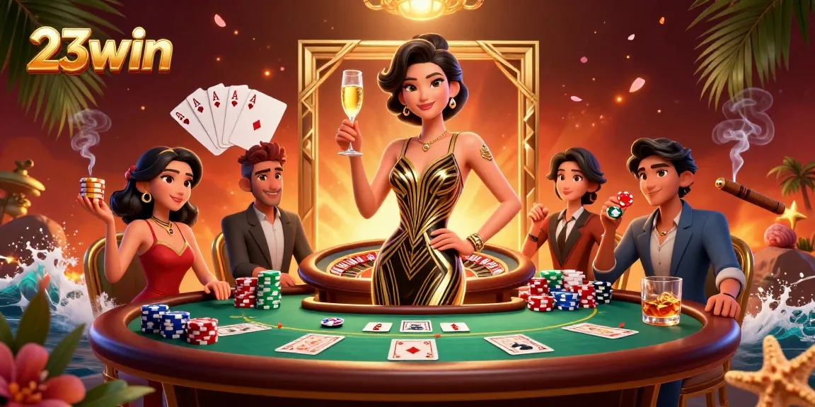 Experience thrilling gameplay at 23win with an elegant woman amidst vibrant casino elements.