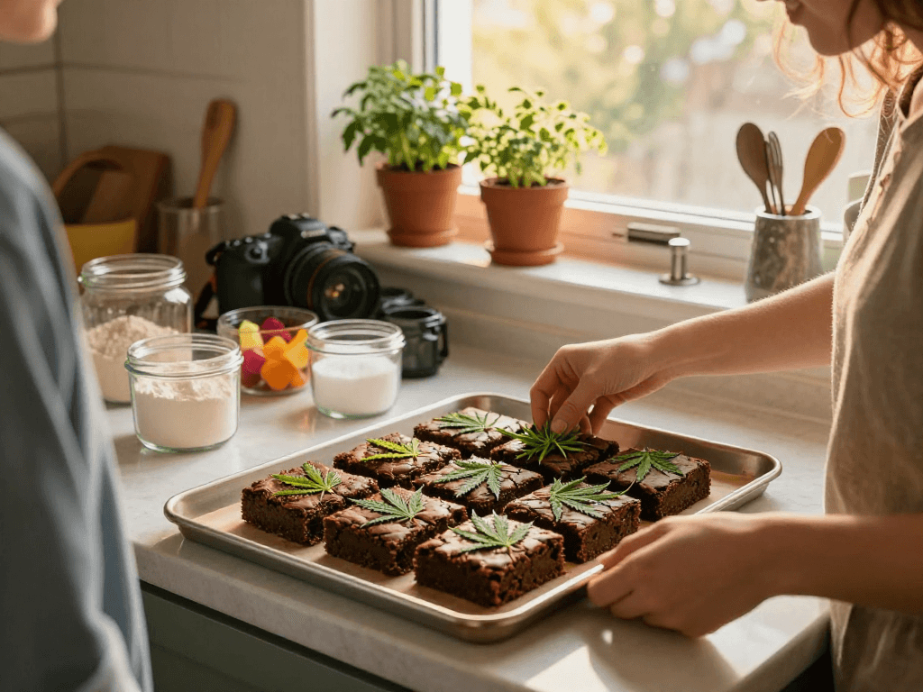 Buy Weed Edibles Online Europe showcased in a cozy kitchen scene with vibrant cannabis ingredients.