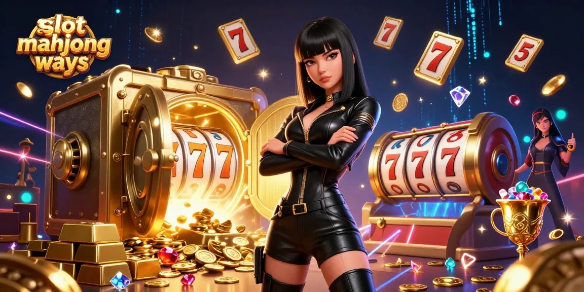 Play thrilling slot mahjong ways in an ultra-detailed casino illustration showcasing a powerful Asian woman.
