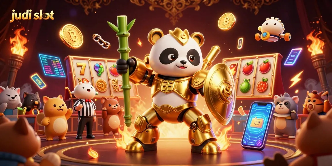 Experience the thrill of judi slot as the golden panda battles in a vibrant casino arena.