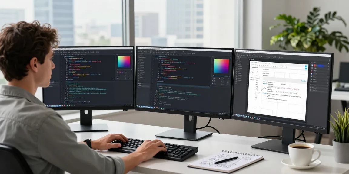 Efficient workspace showcasing Snipaste官网 tools in action, featuring a developer annotating on multiple monitors.