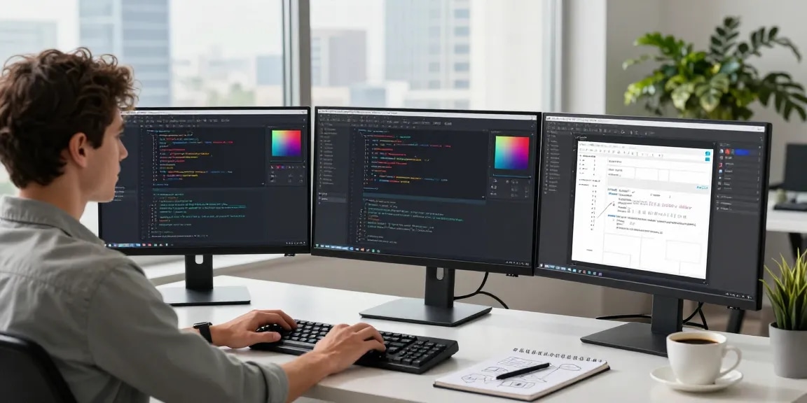 Efficient workspace showcasing Snipaste官网 tools in action, featuring a developer annotating on multiple monitors.