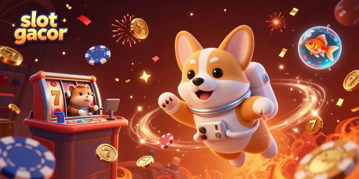 Experience the thrill of slot gacor with an astronaut corgi and casino elements in a vibrant 3D scene.