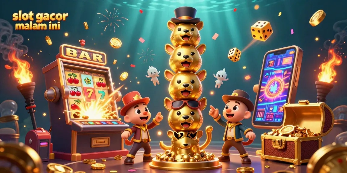 Menangkan jackpot luar biasa dengan slot gacor malam ini di antara tumpukan koin dan simbol keberuntungan.