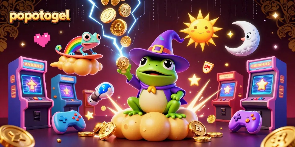 Spin the reels at popotogel and dive into a storm of golden coins, vibrant gaming elements surrounding dynamic characters.