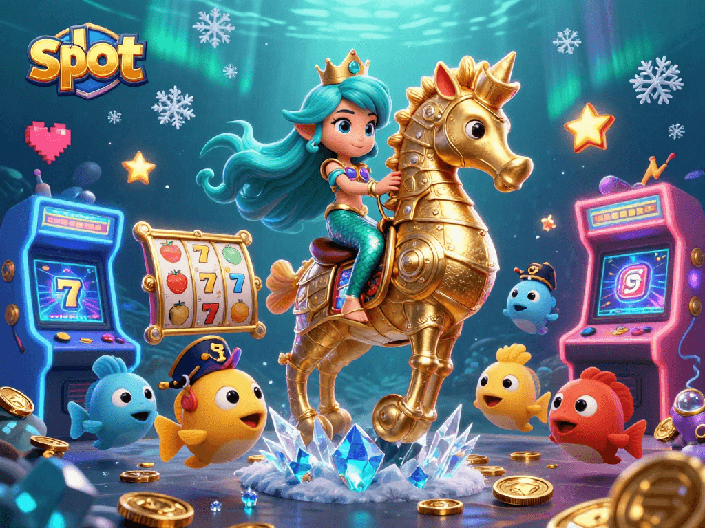 Spin joyful slot games with a mermaid princess and vibrant seahorse in action.