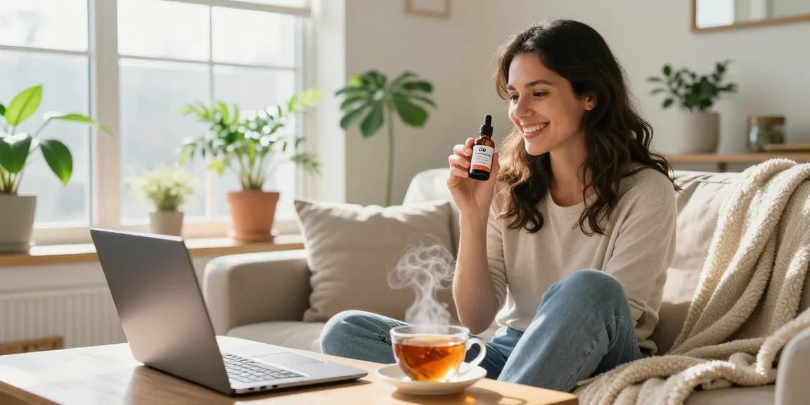 Enjoying cbd oil for sale Canada in a cozy living room with natural light and wellness elements.