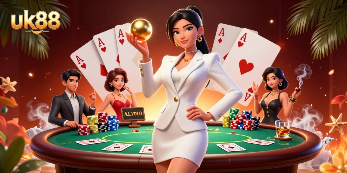 Engage with uk88's thrilling casino experience in this vibrant illustration depicting a confident player.