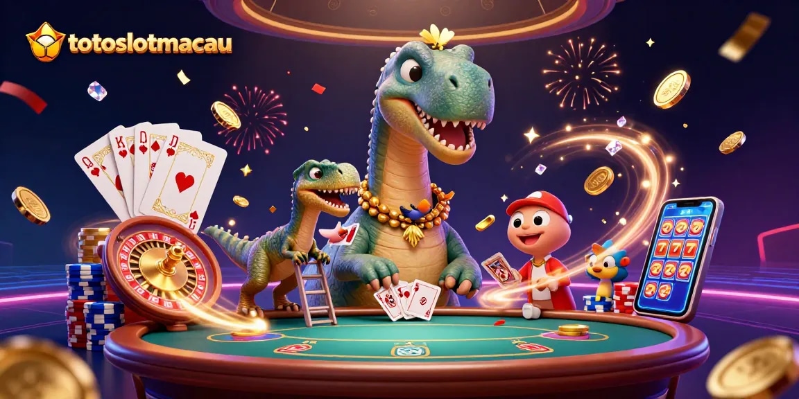 Experience the thrill at totoslotmacau with a giant brontosaurus overseeing a vibrant casino scene.