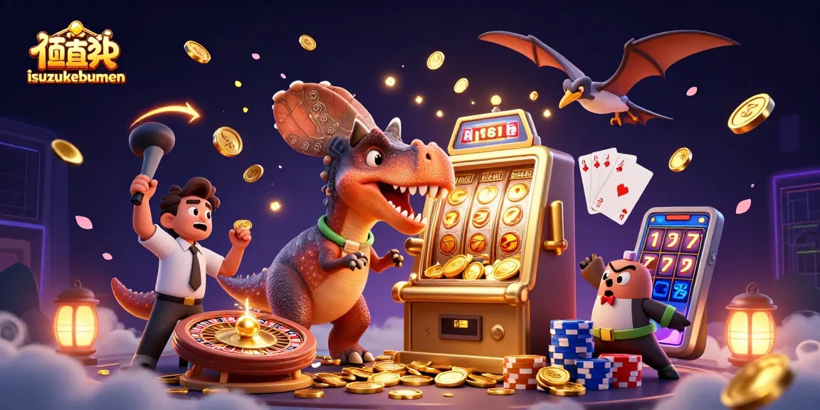 Experience isuzukebumen's exciting jackpot as cartoon characters interact with a golden slot machine.