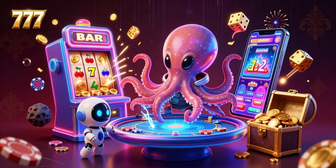 Experience thrilling gameplay with 777-themed characters and jackpot features in this vibrant casino illustration.