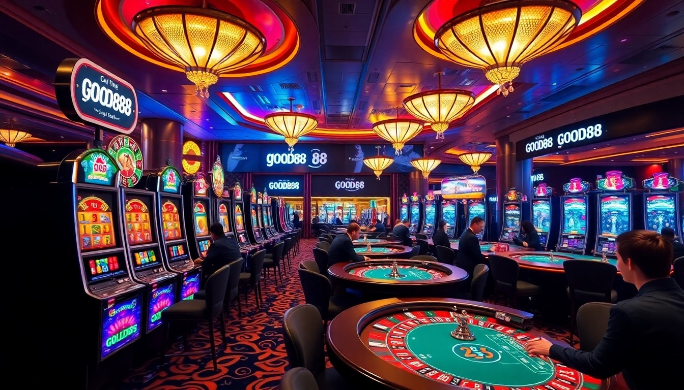 Engage in excitement at GOOD88's luxurious casino with vibrant slot machines and professional gamblers.