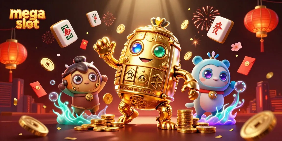 Spin mega slot dalam ilustrasi 3D yang penuh warna dan simbol keberuntungan untuk permainan kasino.