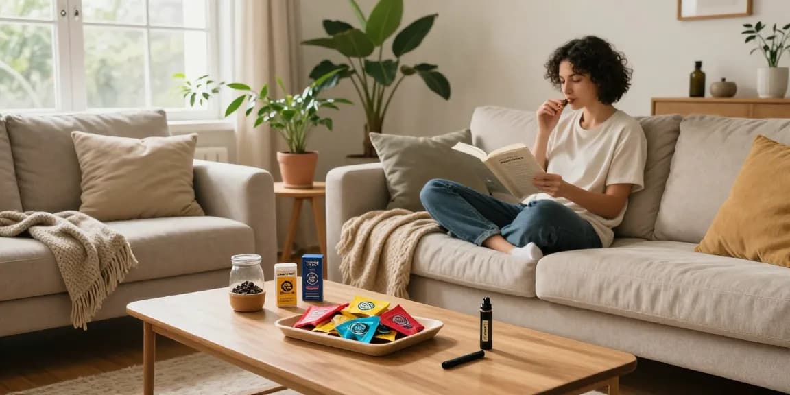 Natural wellness moment featuring proper loud THC edibles and vape pen in a serene living room setup.