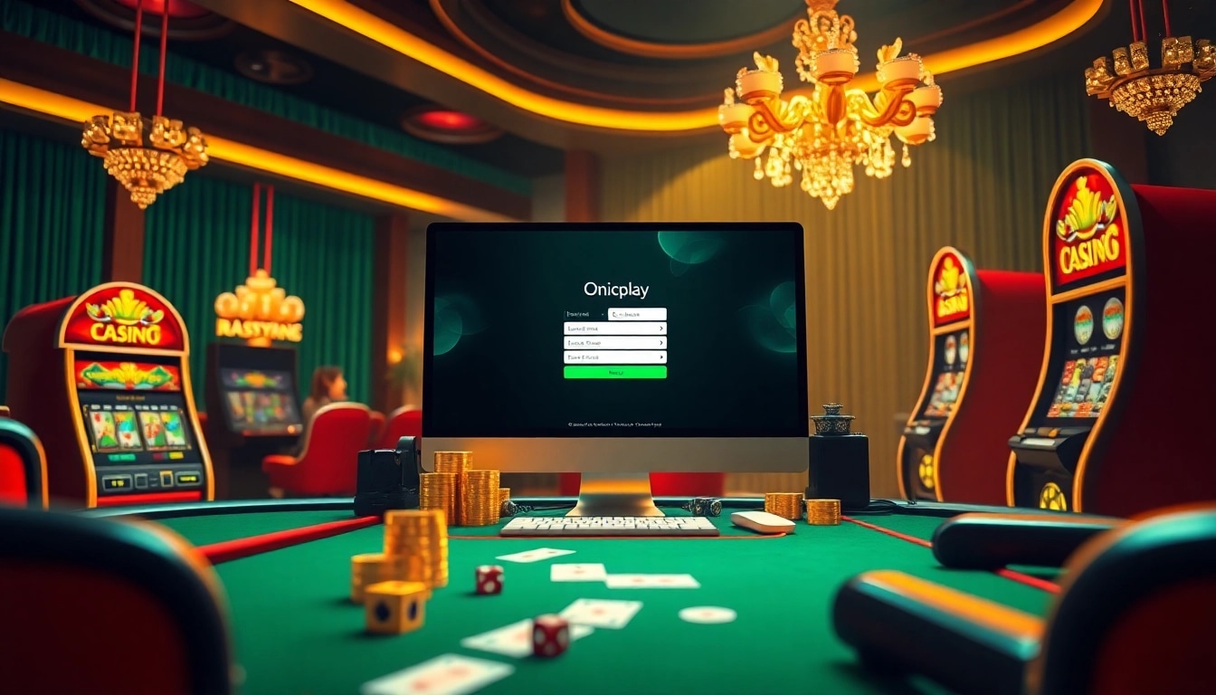 Login interface of Onicplay showing engaging online slot games amidst glamorous casino elements.