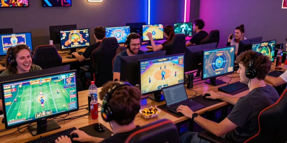 Diverse players enjoying a gaming session focused on slot deposit 5000 with vibrant atmosphere and high-tech equipment.
