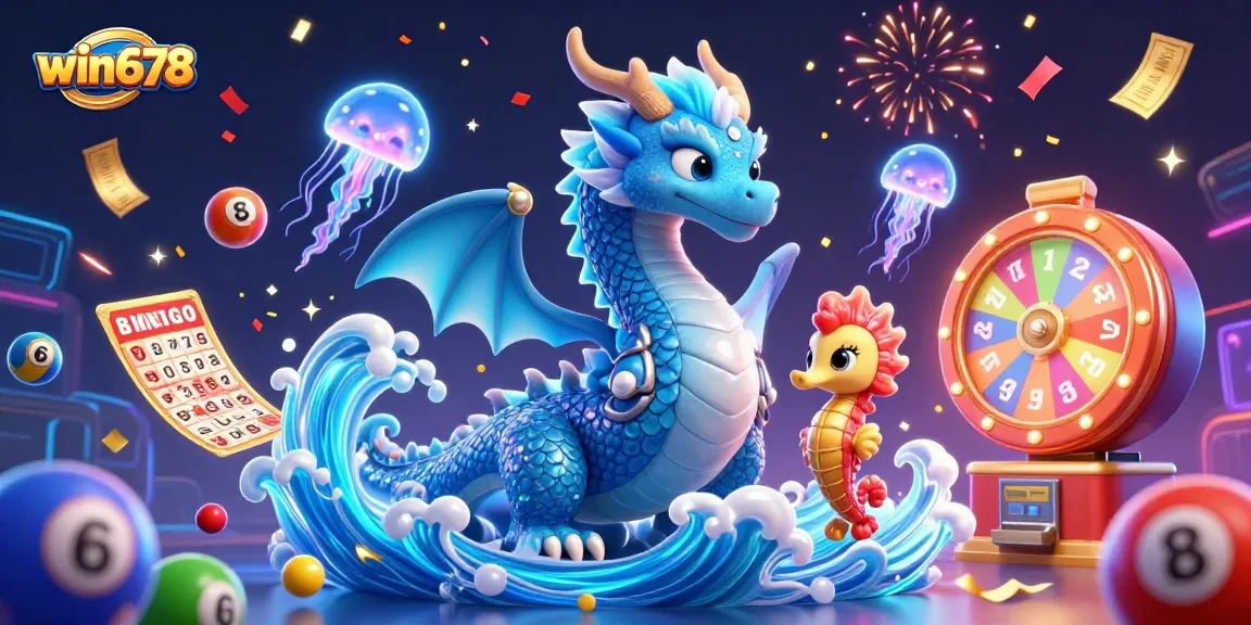 Win678 showcases an exciting 3D casino scene with dynamic lottery elements and magical creatures.