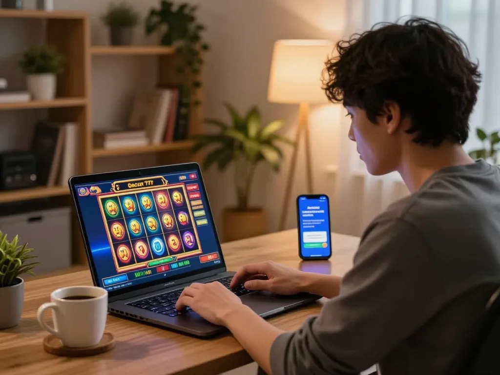 Engaged player enjoying slot gacor 777 in a cozy home gaming environment with laptop and coffee