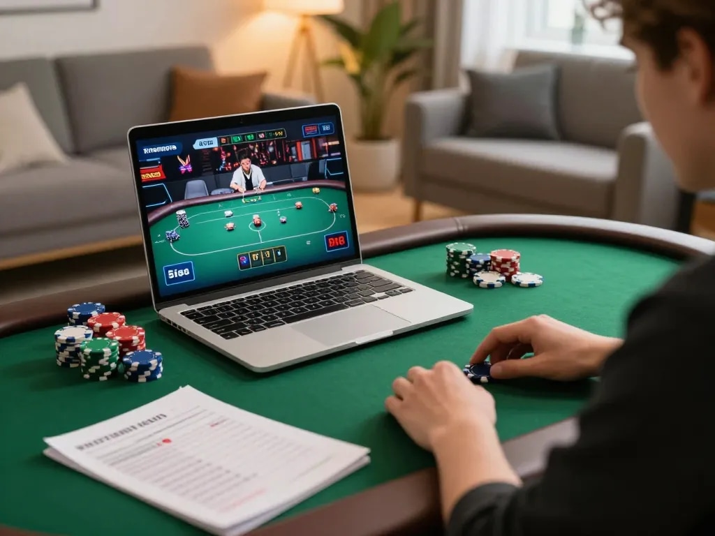 Engaging in online poker at trang chủ sc88 with chips and strategy notes, showcasing a strategic gaming experience.