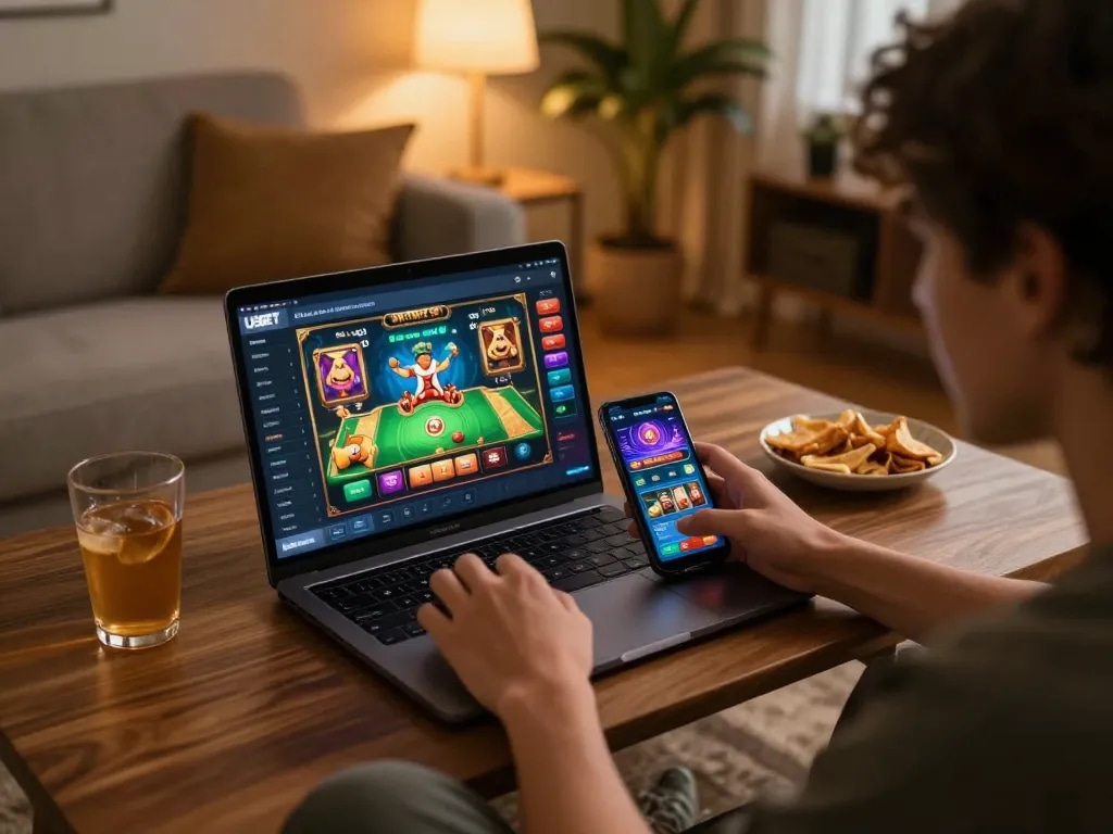 Player enjoying USBET online casino app during a cozy home gaming session