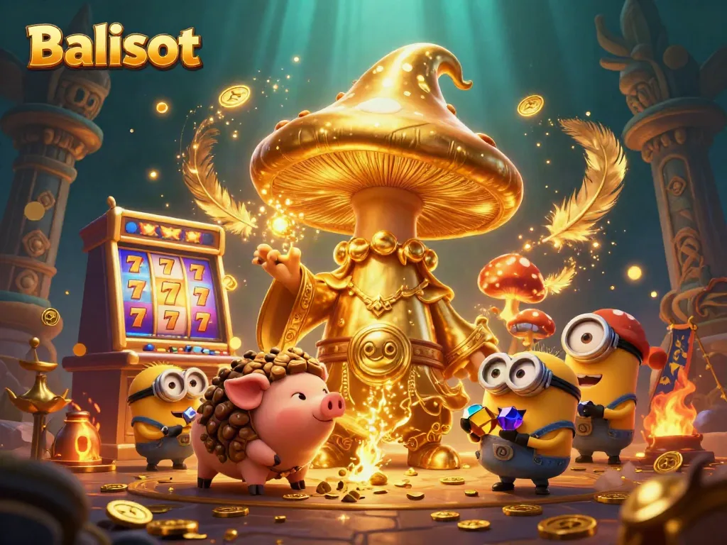 Balislot features a wizard channeling gold magic amidst slot machines and treasure.
