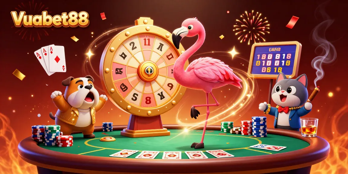 Experience excitement at Vuabet88 as a cartoon bulldog celebrates wins at a lively prize wheel.