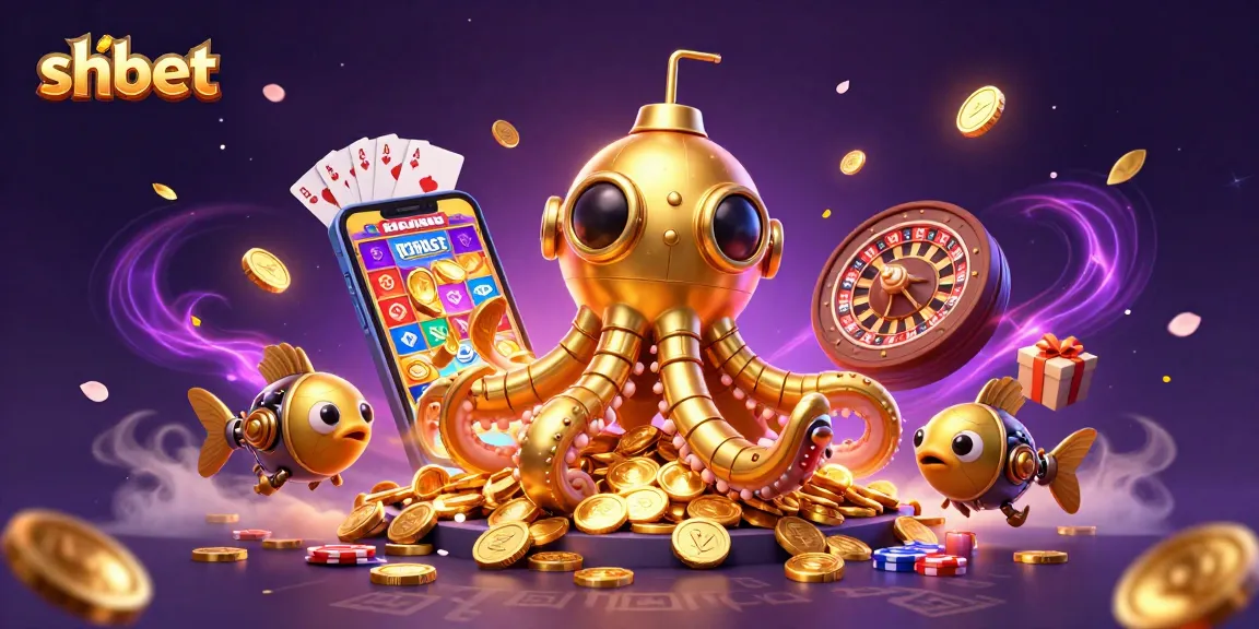 Play thrilling games at shbet with a golden kraken submarine amidst golden coins and animated slot elements.
