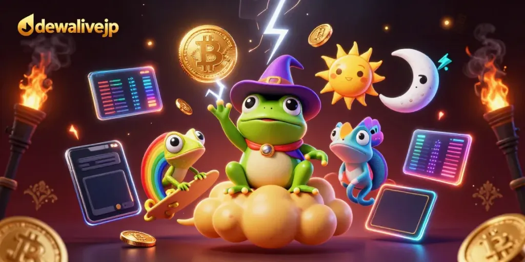 Play thrilling games on dewalivejp, featuring a whimsical storm of gold coins and crypto elements.