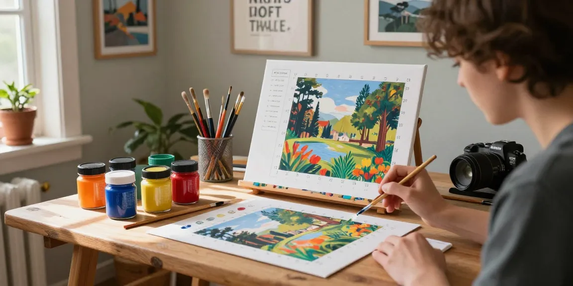 Paint pictures with a custom paint by numbers kit, vibrant colors, and cozy home studio.