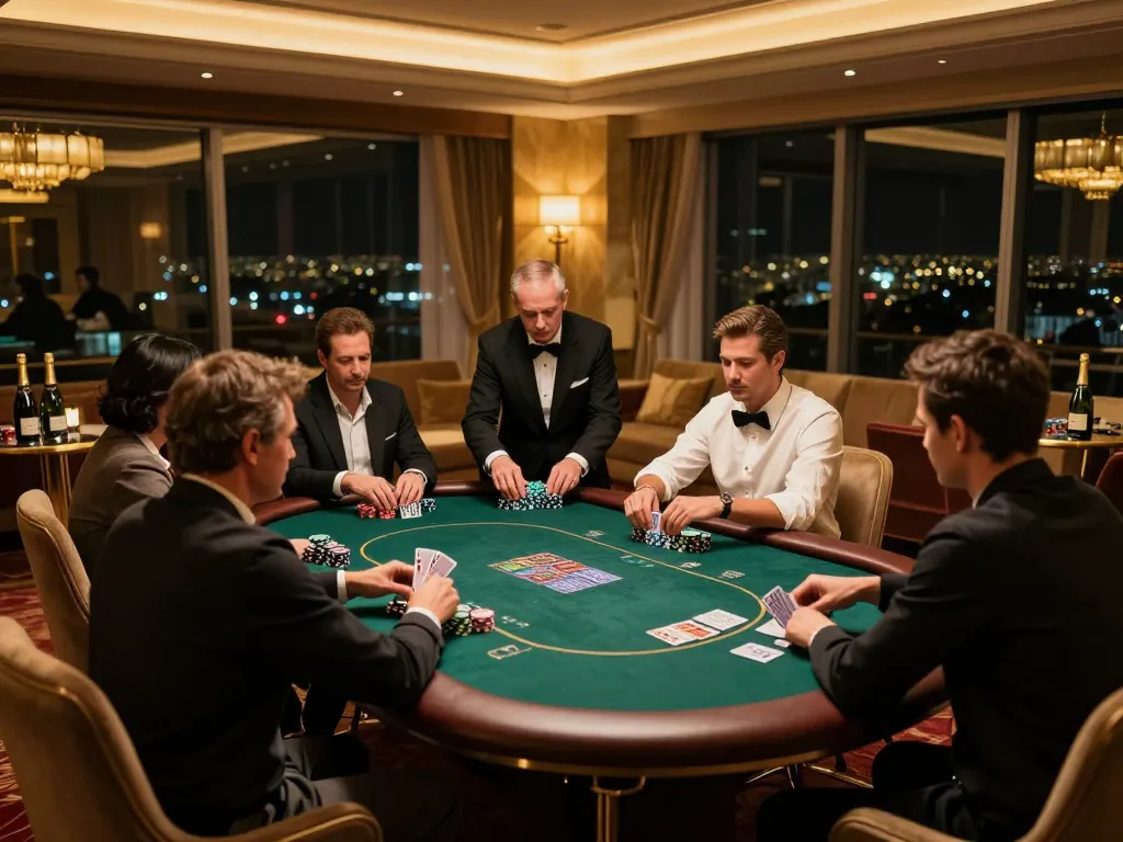 Players strategizing at a high-stakes poker table in a luxurious CM88-bet casino environment.