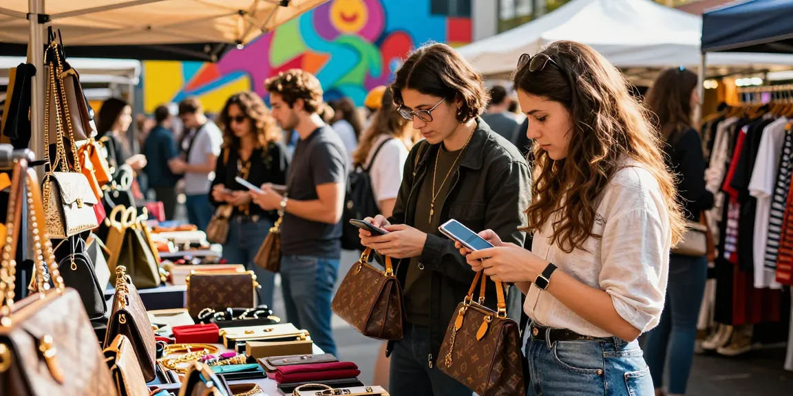 High-quality 레플리카 items showcased in a vibrant urban shopping scene.